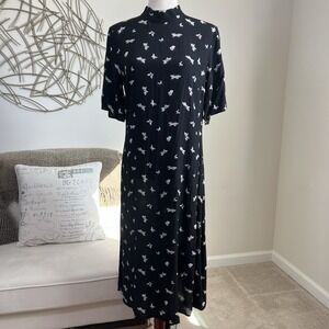 & Other Stories Black Butterfly Print Midi Dress Mock Neck Short Sleeve Size 10